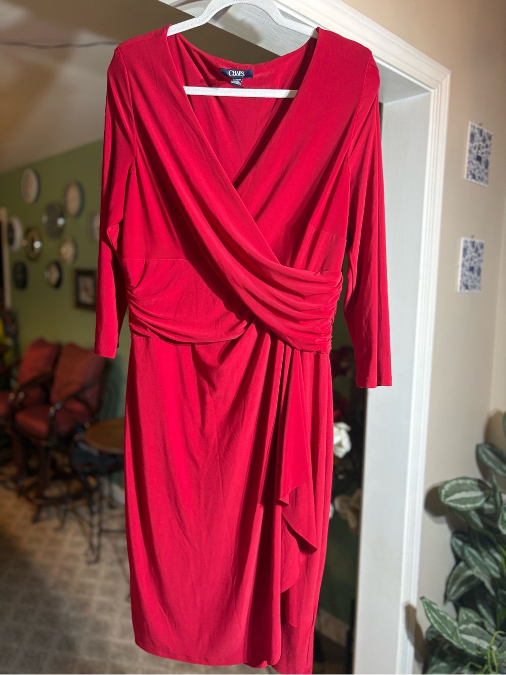 Chaps Crimson Red Faux Wrap Ruched V-Neck Midi Sheath Dress XL